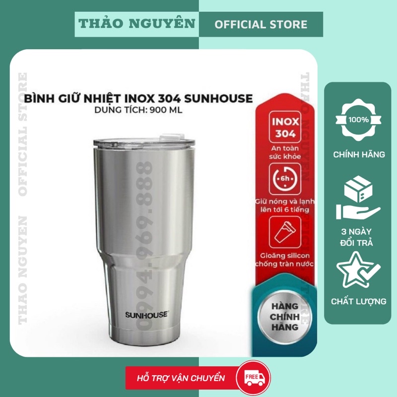 Bình giữ nhiệt Inox 304 Sunhouse 900ml KS-TU900I( Bảo Hành Chính Hãng)