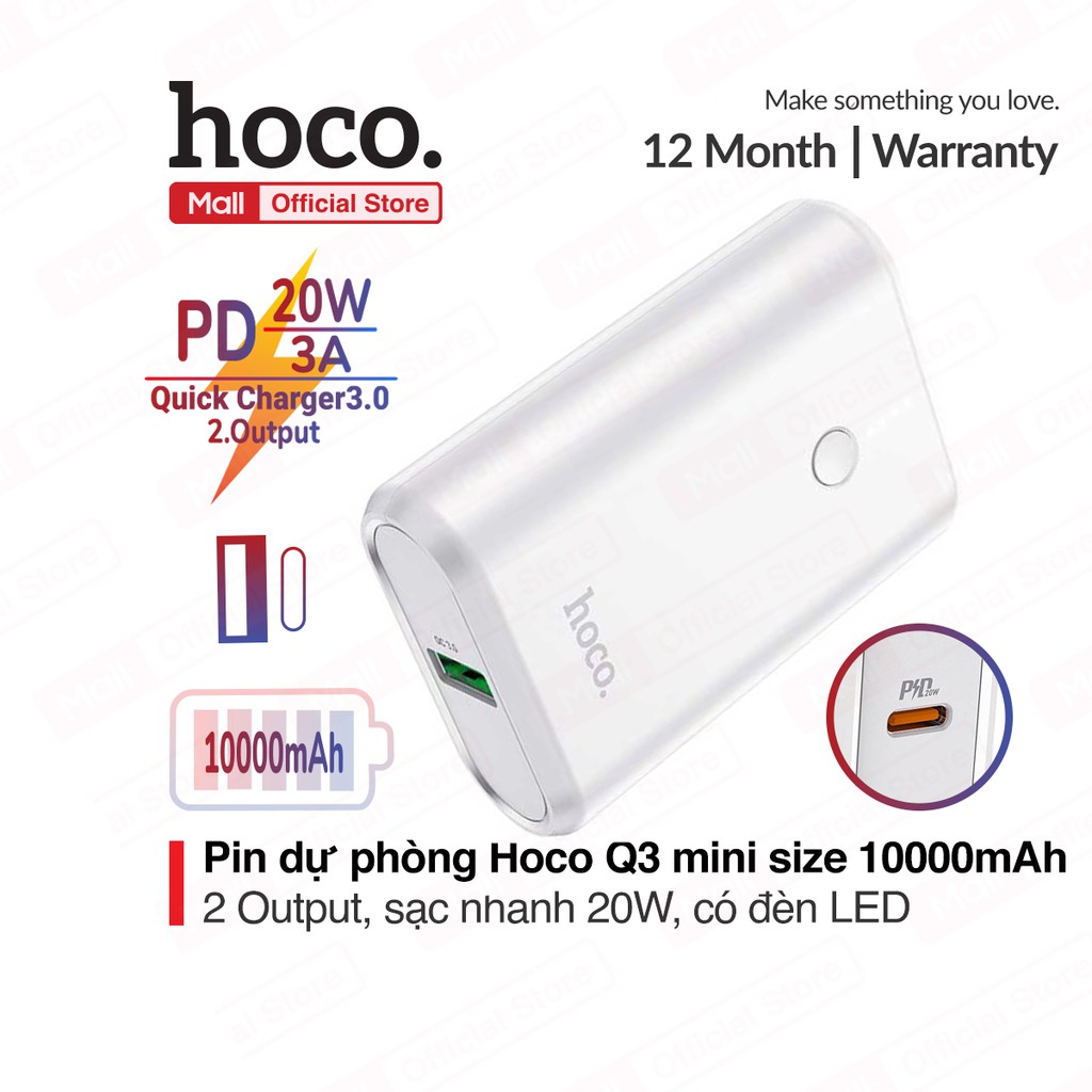 Pin sạc dự phòng Hoco Q3 Mini Size, 2 output ( USB + Type-C ), sạc nhanh PD20W/3A, có đèn LED báo pin