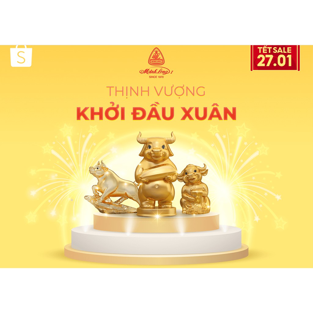 Tượng Trâu Hạnh Phúc 9.5cm Màu Trắng Sứ Minh Long I - Dát vàng thật 24k