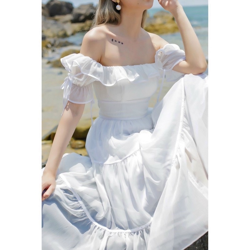 Đầm maxi bẹt vai cao cấp trong có lót chất lụa tơ óng mướt TRIPBLE T DRESS - size S/M/L - MS360V