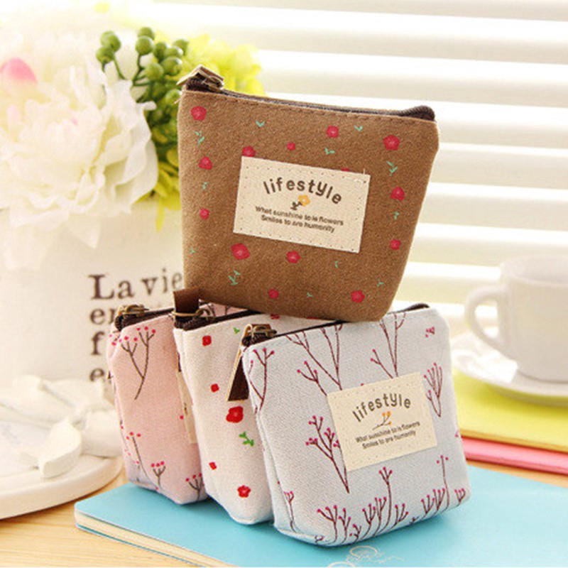 Coin Bag Mini Floral Canvas Coin Cases Keys Bags Zip Wallet