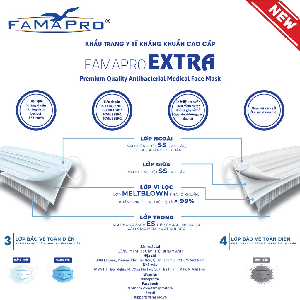 [Extra- COMBO 5- HỘP 50 CÁI] Khẩu trang y tế kháng khuẩn 4 lớp Famapro Extra (50 cái/ hộp)