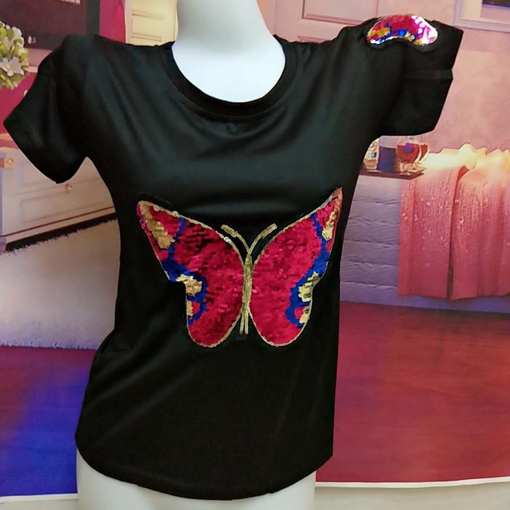 (AB2013)Áo thun nữ họa tiết bướm đính kim sa cổ tròn tay ngắn thời trang năng động