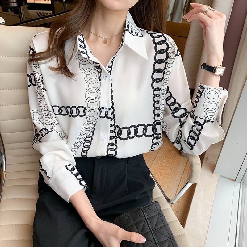 Áo Sơ Mi Tay Dài In Họa Tiết Sợi Xích Phong Cách Âu Mỹ Thiết Kế Mới Thời Trang Cho Nữ