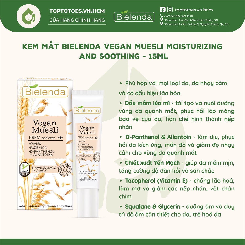 Kem mắt Bielenda Vegan Muesli Moisturizing and Soothing dưỡng ẩm, giảm nhăn và thâm mắt 15ml