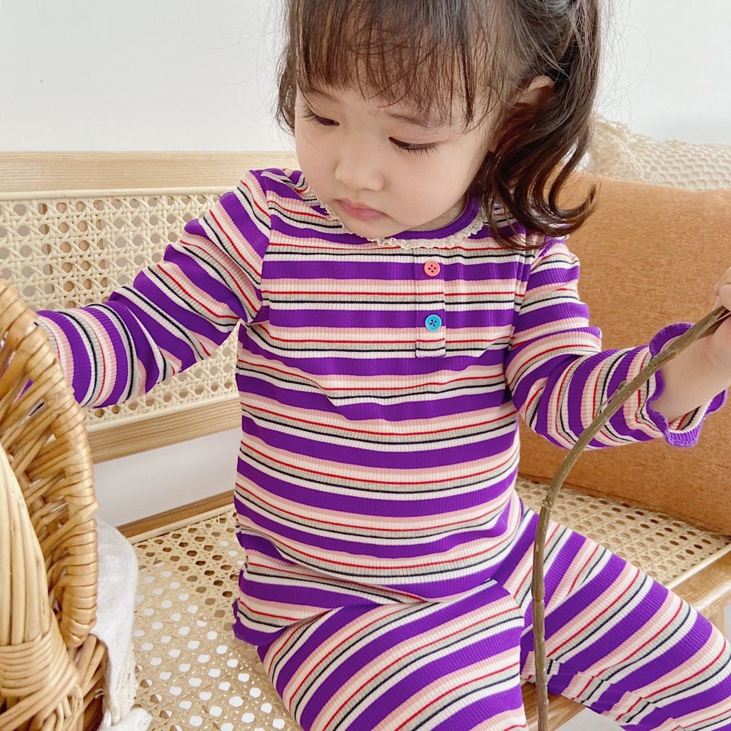 Bộ cotton kẻ ngang cá tính cho bé gái, bộ thu đông dài tay