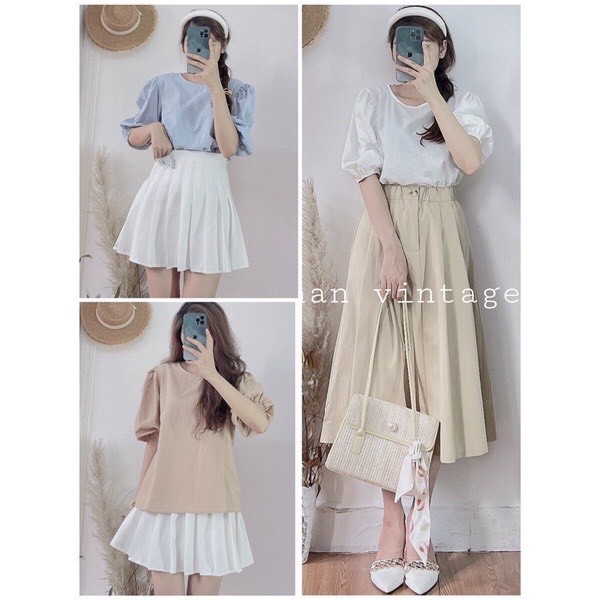 [Ảnh thật] Áo babydoll trơn tay bồng cổ tròn - Áo sơ mi cổ tròn tay bồng