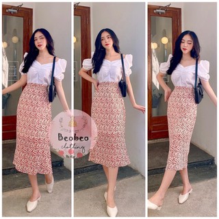 [Ảnh thật] Set áo tay phồng nhíu ngực kèm chân váy midi hoa nhí vintage