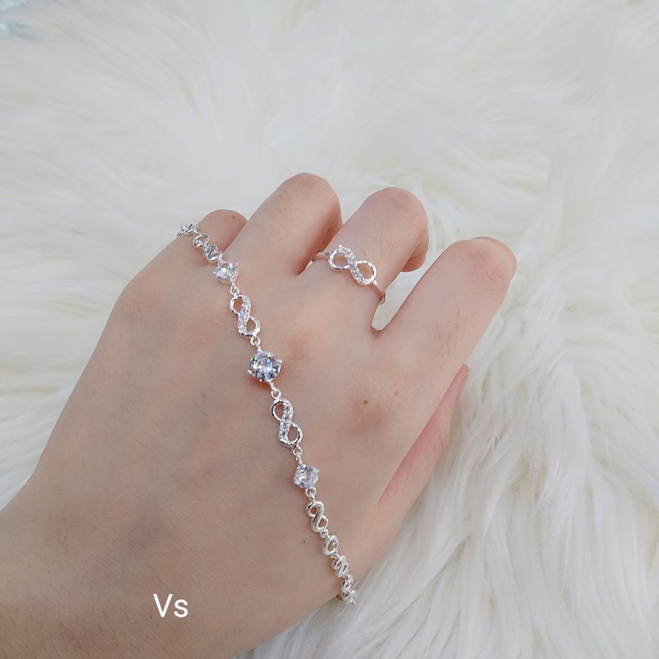Bộ trang sức bạc ta gồm nhẫn và lắc tay vô cực gắn đá nhỏ - Bibi silver - BBS