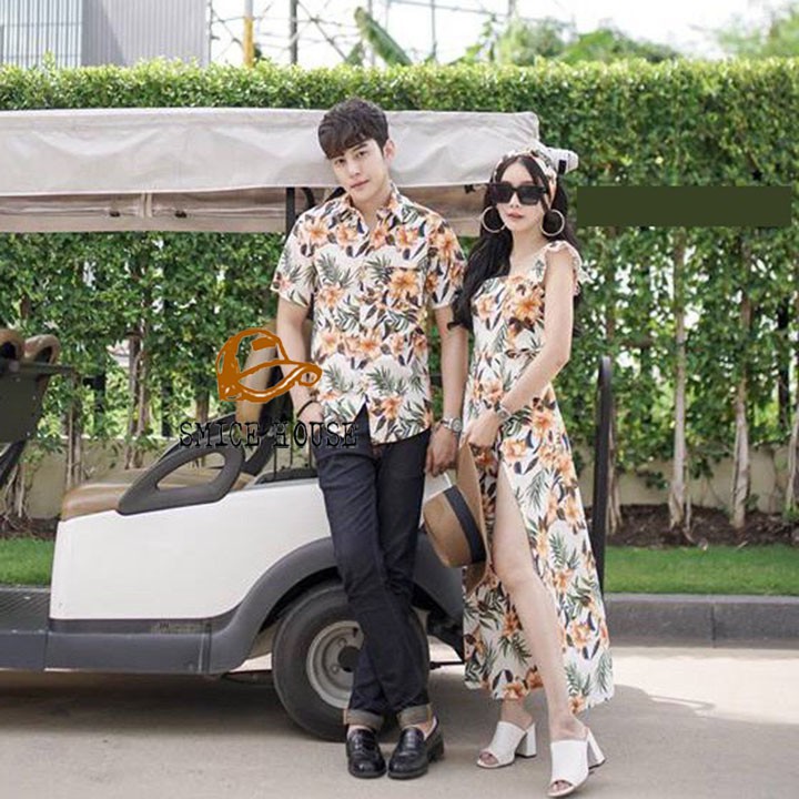 SET ĐỒ ĐÔI NAM NỮ, ÁO CẶP HOA LÁ ĐI BIỂN CHỤP HÌNH CƯỚI ĐẦM XẺ TÀ