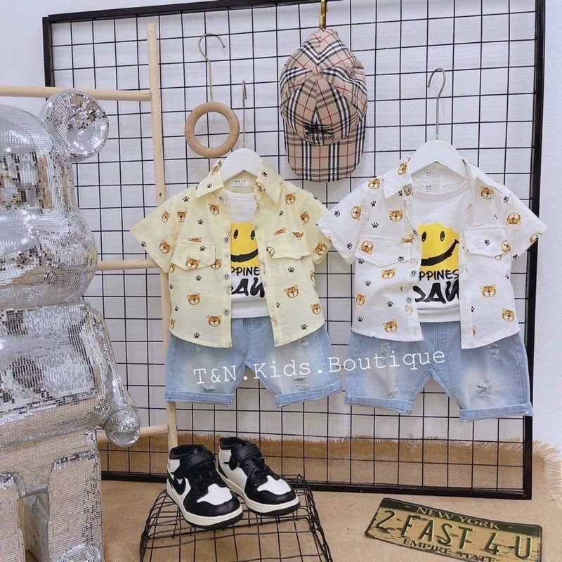 vải thô đũi cara mềm mát 100% cotton hình con hổ may sơ mi bé trai