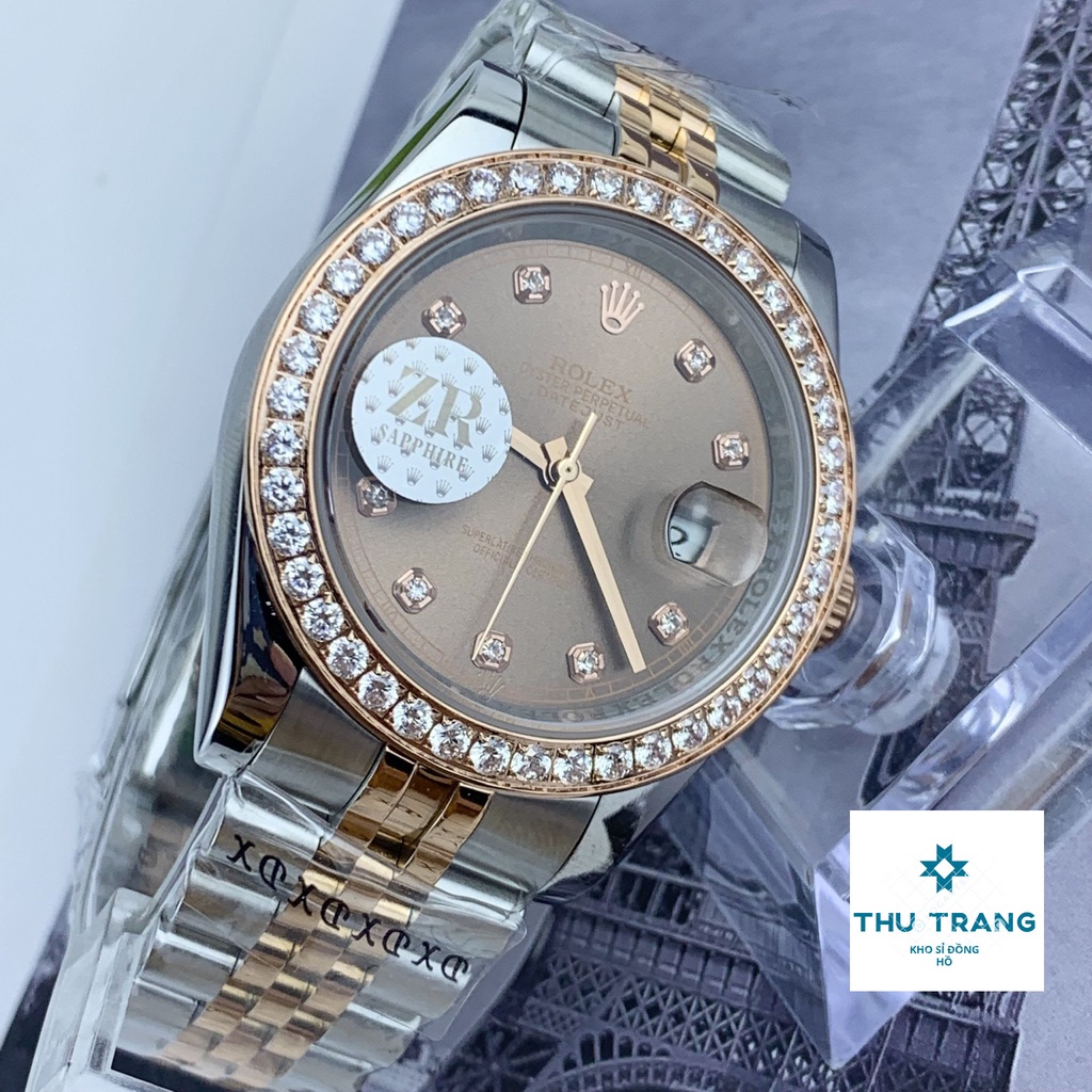 Đồng hồ nam Rolex cơ Automatic máy nhật mẫu Classic mặt nâu viền đá dây demi size 40-41mm