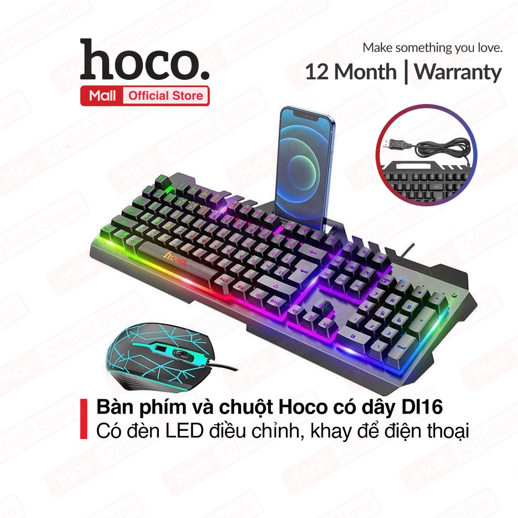 Combo bàn phím và chuột Hoco Gaming Di16 có dây đèn LED RGB tự điều chỉnh đổi màu, phím cơ độ nẩy cao