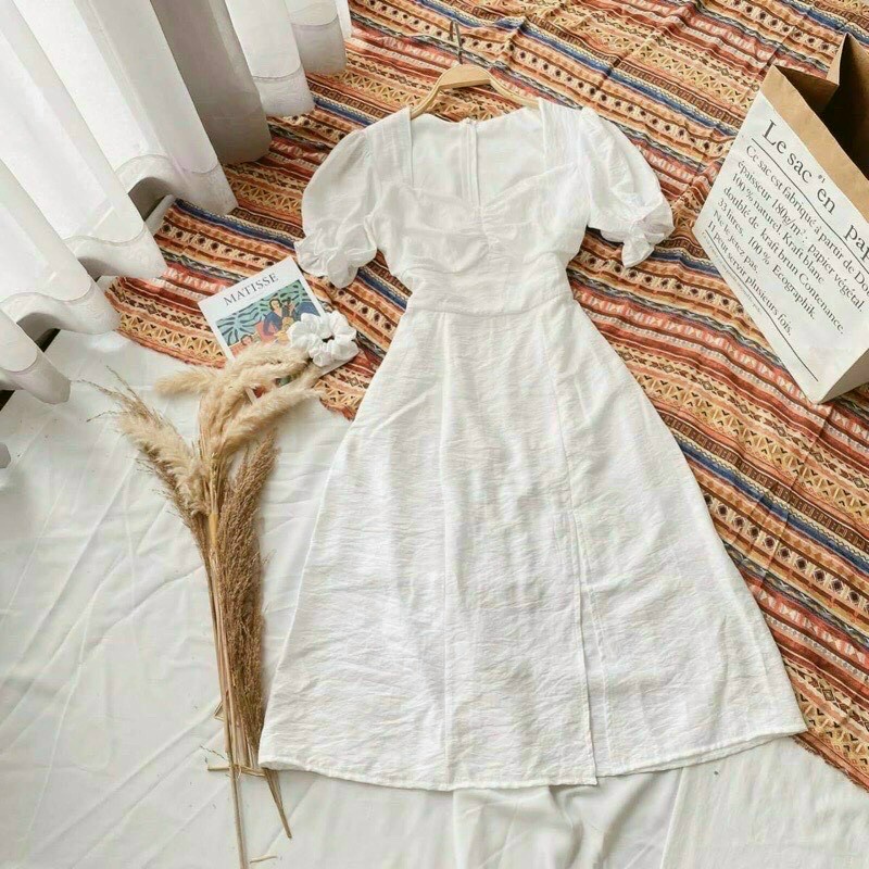 Đầm nữ màu trắng chất đũi nhăn xẻ tà vintage tiểu thư nhẹ nhàng &amp; quyến rũ