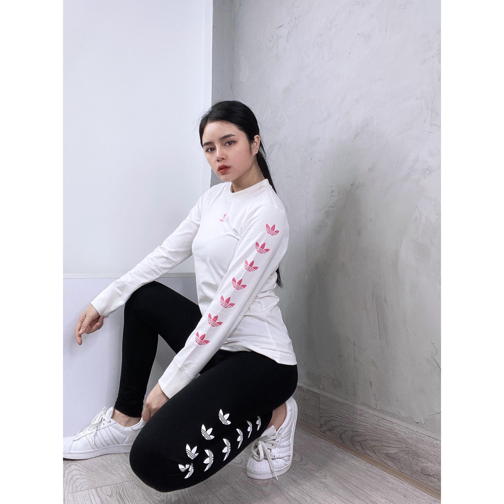 (HÀNG XUẤT XỊN) Áo das trắng tay dài 1733 REPEAT TREFOIL LS TEE WHITE/PINK Made in Cambodia full tag code  SIZE S M L