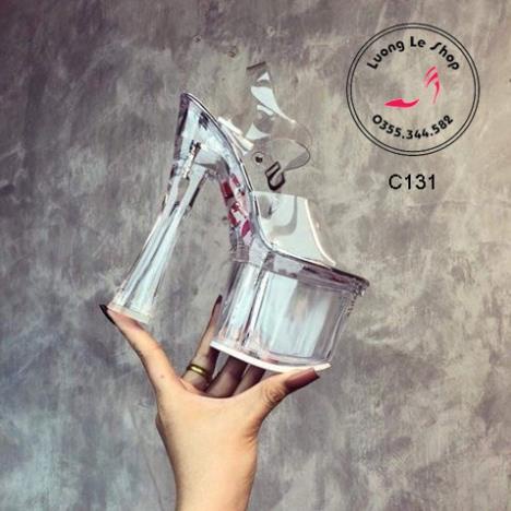 SẴN C131 Giày cao gót quai trong hở mũi quai vòng cổ chân đế to 18cm 20cm hai loại đế trong vào đế hoa /
