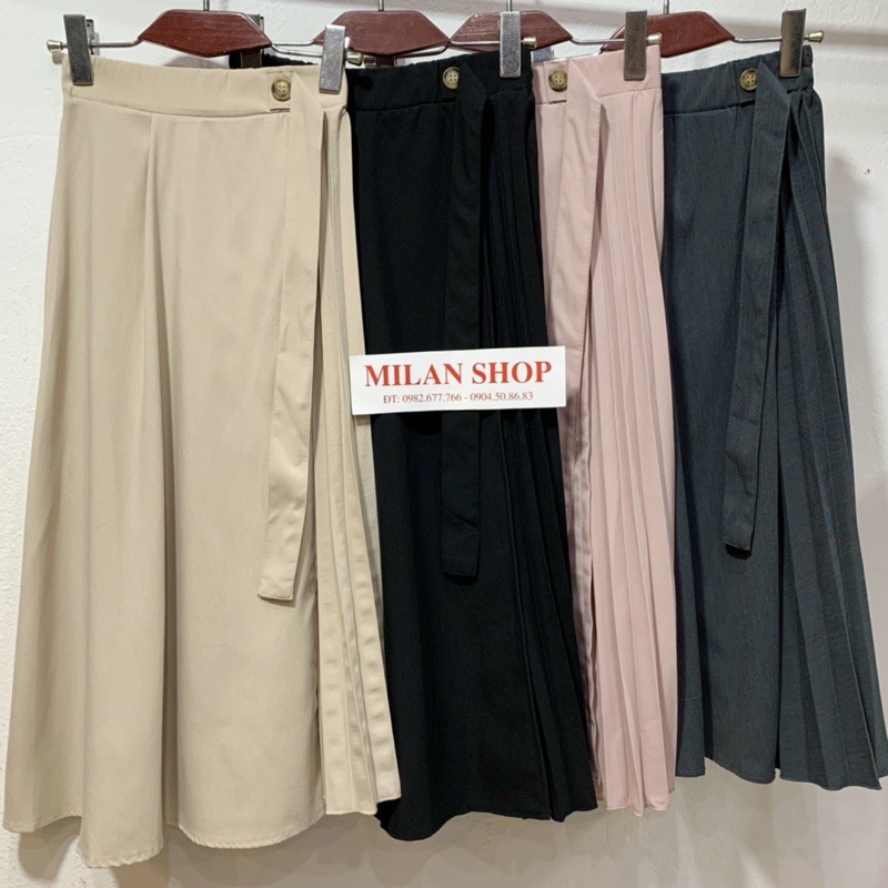 Chân váy dài qua gối phối dập ly midi thời trang mới