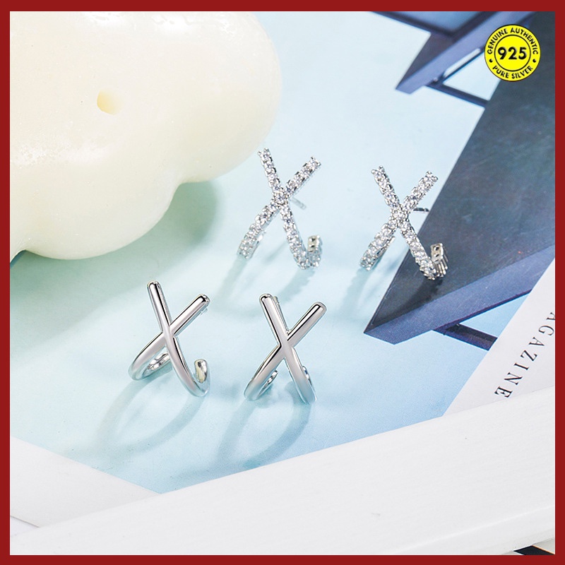 Bông Tai Mạ Bạc 925 Hình Chữ X Đính Đá Sang Trọng