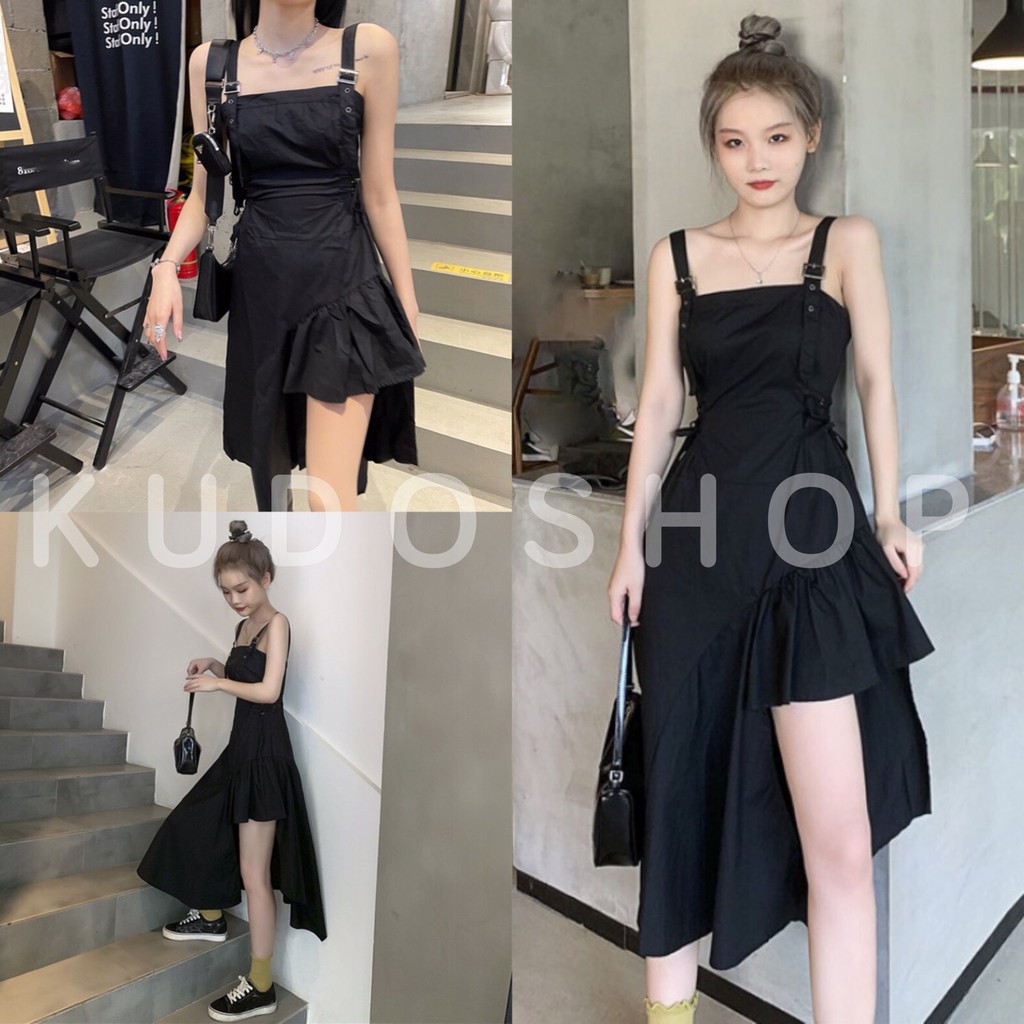 Đầm body nữ 2 dây đen khuyết đùi lệch vạt chéo dáng suông ulzzang trẻ trung cá tính_kudoshop