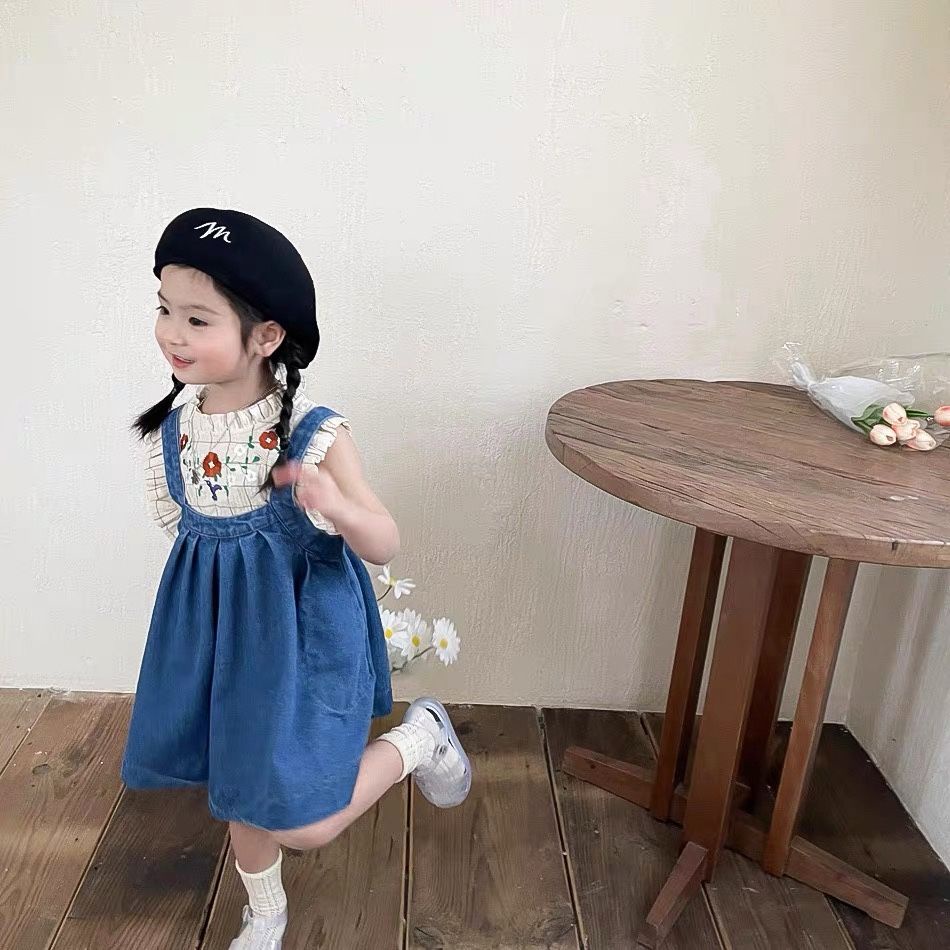 Đầm Yếm Denim Tay Ngắn 2 Mảnh Phong Cách Phương Tây Dành Cho Bé Gái 15 Tuổi