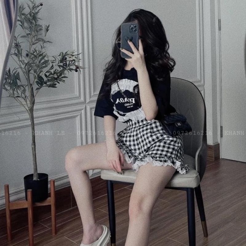 Set đùi quần caro kèm áo thun in chữ Pra.da (kèm ảnh thật)