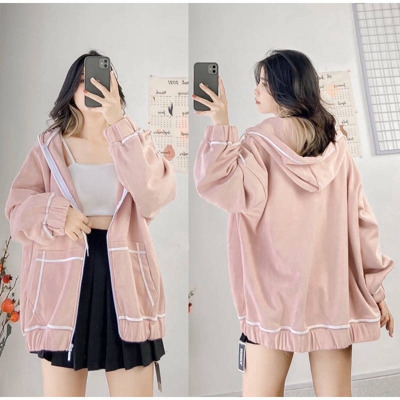 Áo Khoác Hoodie Zipper Kẻ Viền Túi Nữ - Áo nỉ dài tay form rộng dáng suông, thiết kế chạy viền