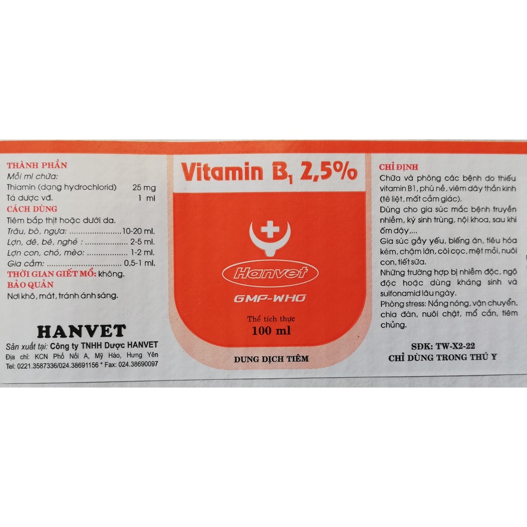1 lọ Vitamin B1 100ml Dùng cho gia súc, gia cầm,  chó mèo khi ốm dậy, gầy yếu, biếng ăn, tiêu hóa kém,chậm lớn, còi cọc
