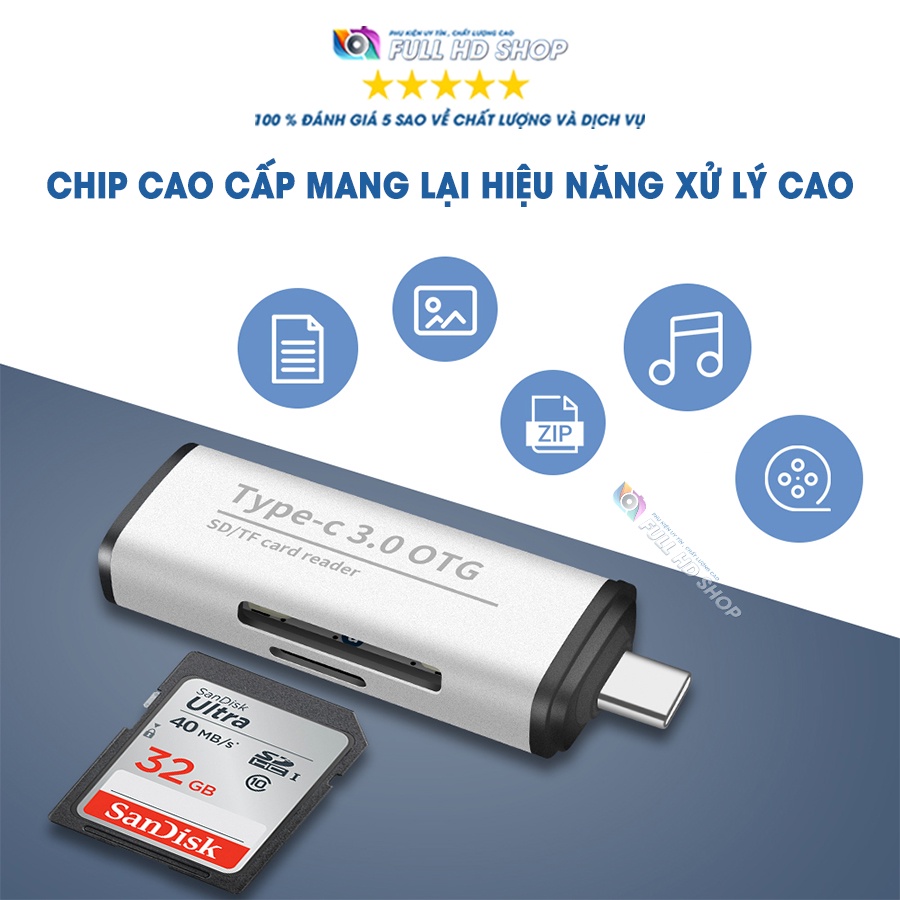 Hub Chuyển Đổi Type C sang USB 3.0 Tích hợp Đầu đọc thẻ SD/Micro SD chân Type C - Full HD Shop Mã HD09