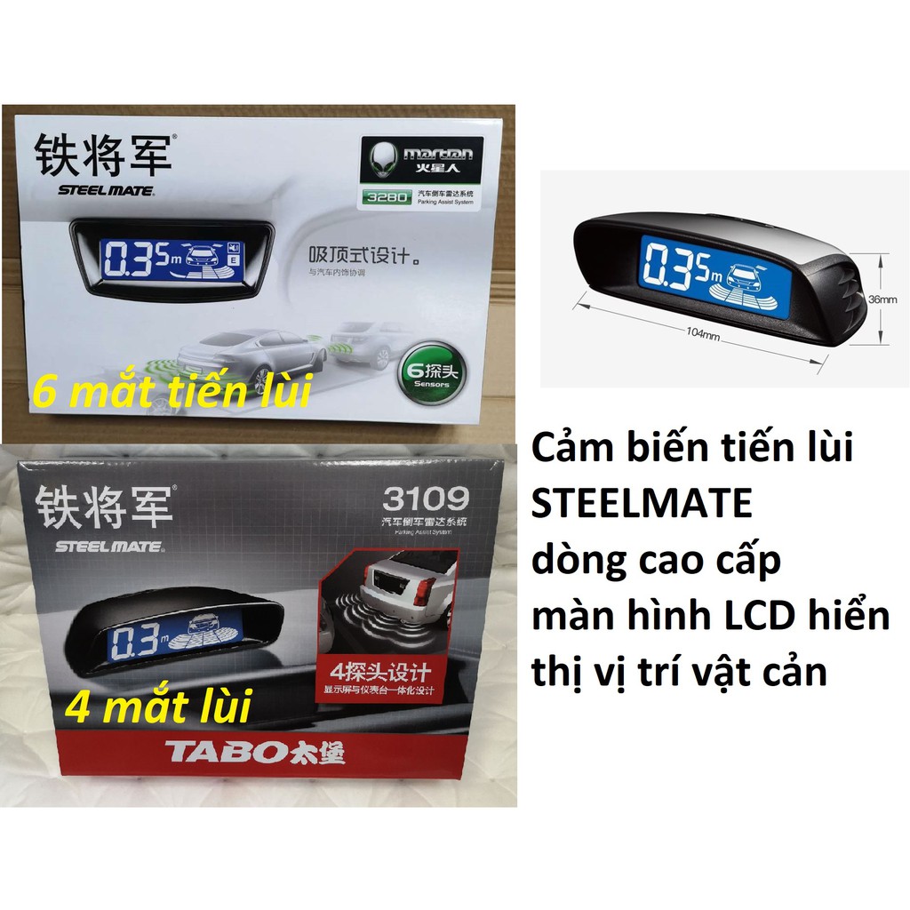 Cảm biến lùi tiến Steelmate 4 mắt 6 mắt màn LCD hiển thị vị trí vật cản cho xe hơi ô tô dòng cao cấp