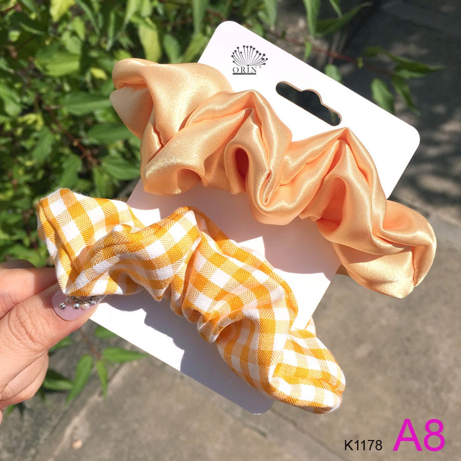 Set 2 dây buộc tóc, dây cột tóc scrunchies caro phi bóng siêu xinh Orin K1178 K1179