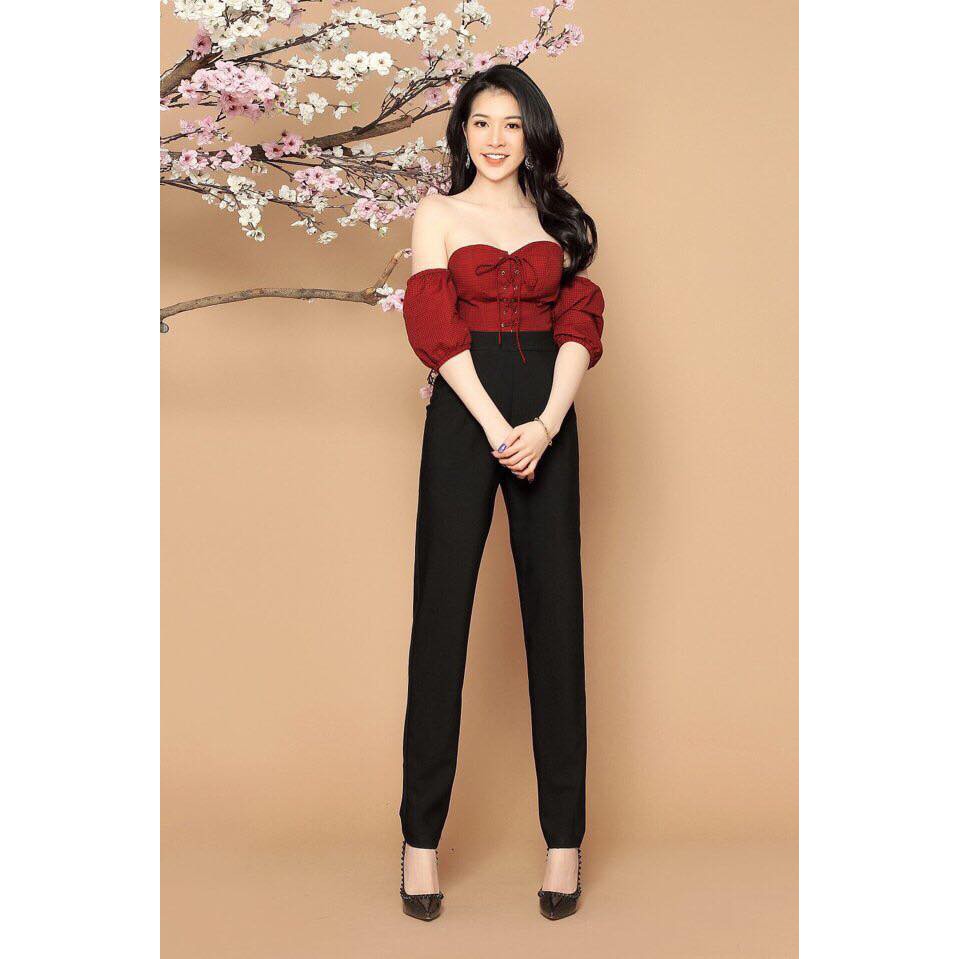 Jumsuit lệch vai thân trên sọc quần ôm