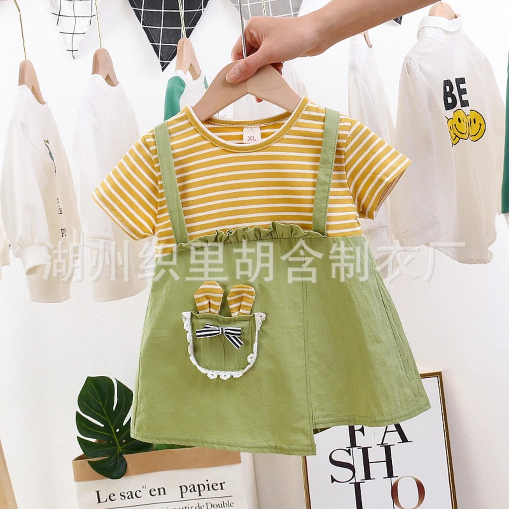 Váy Bé Gái Cotton Ngắn Tay , giả Yếm Sọc Hình Mèo