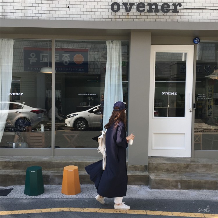 Xiaozhainv Đầm sơ mi tay dài màu trơn dáng rộng hợp thời trang