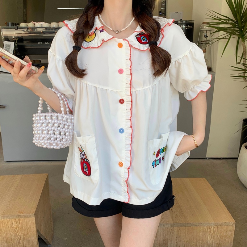 【ZHELIHANGFEI】Áo Sơ Mi Tay Phồng Cổ Búp Bê Thêu Họa Tiết Ngọt Ngào Dễ Phối Đồ