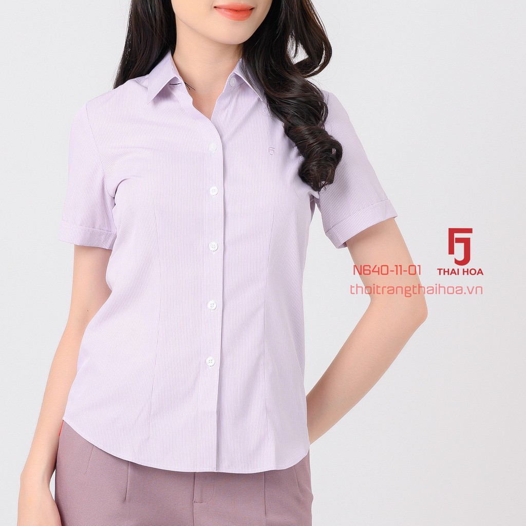 Áo sơ mi nữ tay ngắn công sở kẻ caro sọc thẳng nhỏ màu hồng kiểu cotton N640-11-01