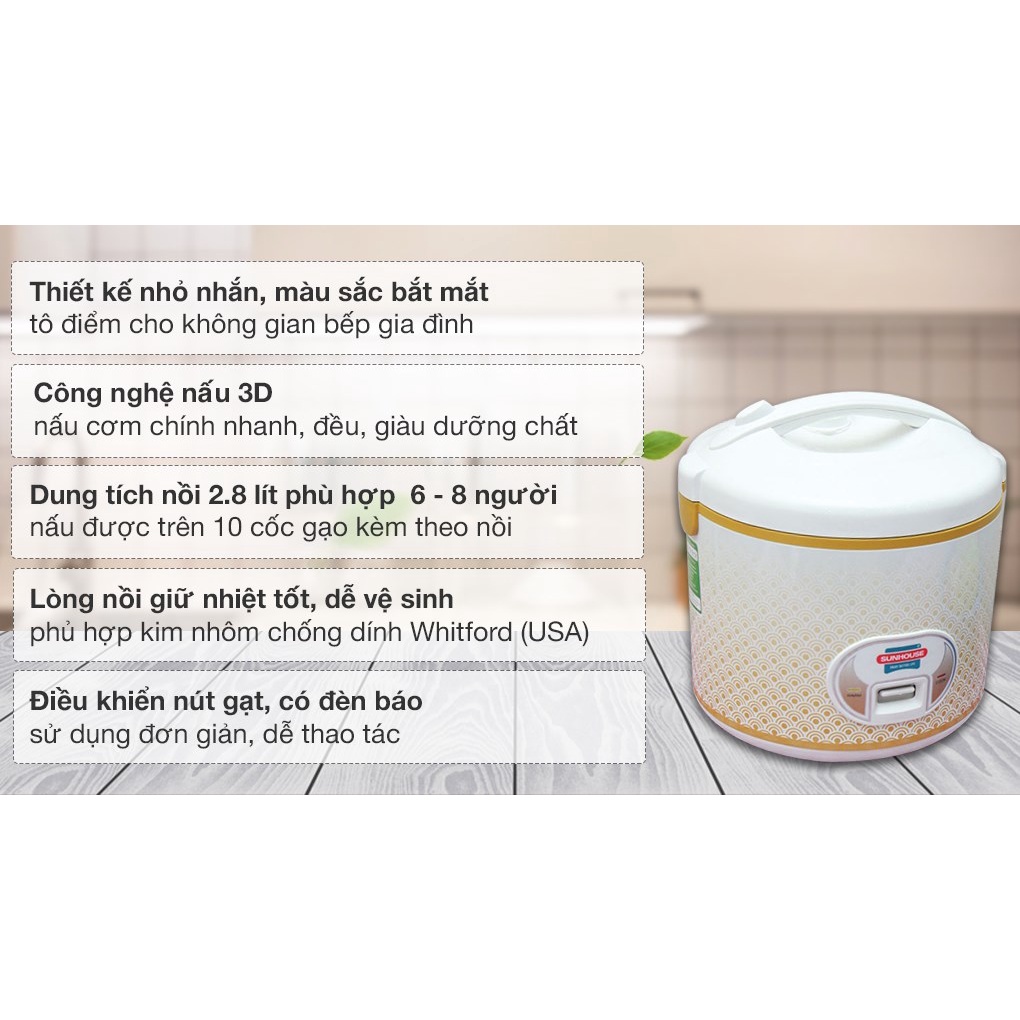 Nồi cơm điện Sunhouse 2.8 lít SH 830 hàng chính hãng, dung tích 2.8L lòng nồi phủ chống dính công nghệ nấu 3D