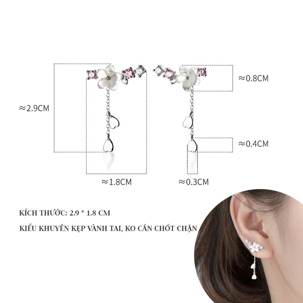 Khuyên tai bạc nữ dáng dài bạc ý s925 hình bông hoa 5 cánh đính đá sang trọng - B2630 - Bảo ngọc Jewelry