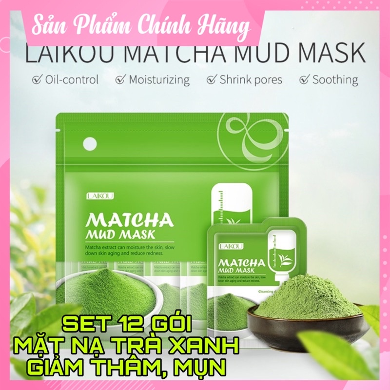 🍃 SET 12 GÓI MẶT NẠ BÙN TRÀ XANH LAIKOU 🌱 GIẢM MỤN, THÂM, TRẮNG DA
