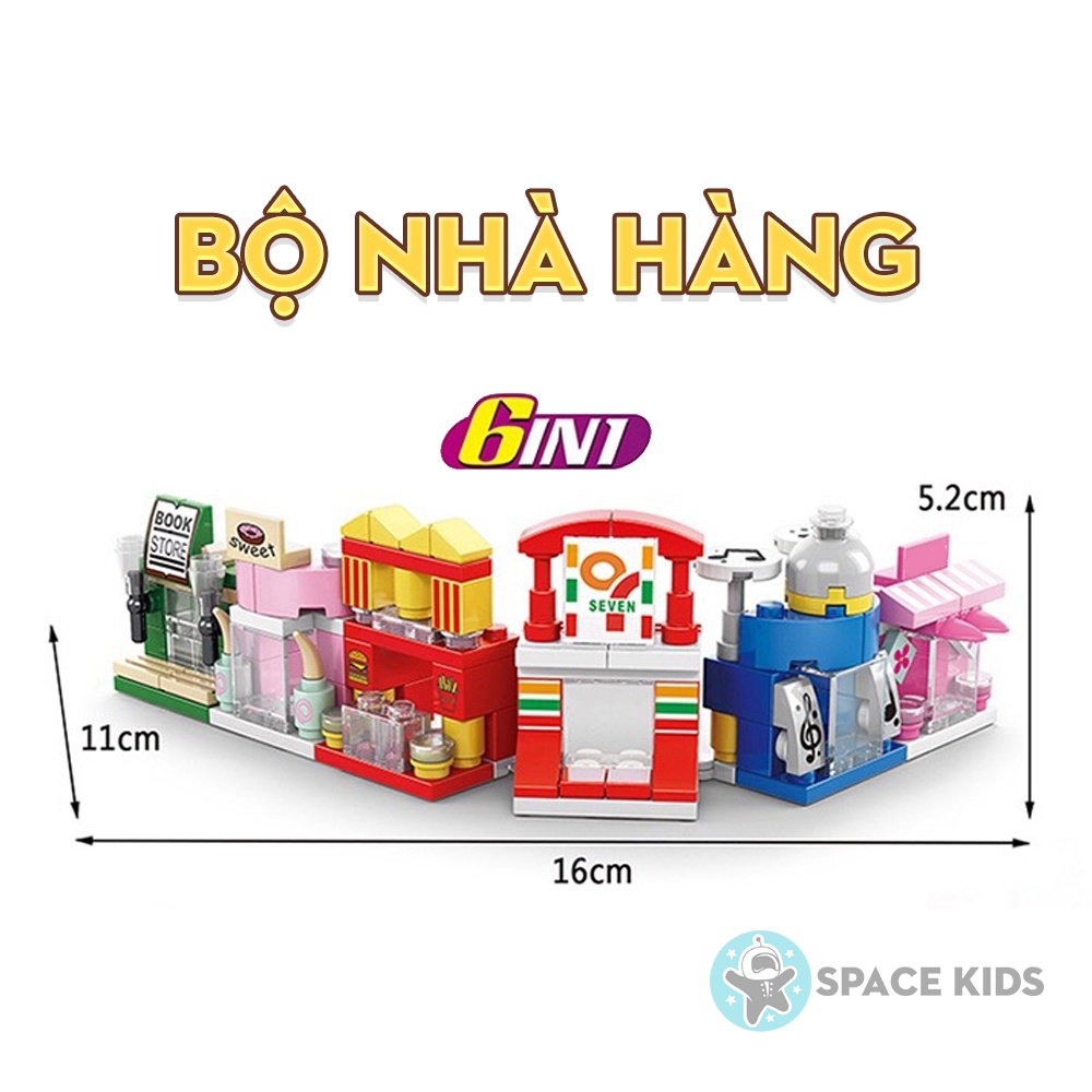 Đồ chơi lắp ráp mô hình 3d 6 trong 1 khu phố nhà hàng cho bé, lắp ghép mô hình mini