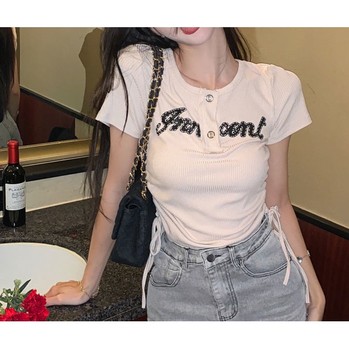 AMOI Áo Thun Tay Ngắn Phối Dây Rút Họa Tiết Sọc Caro Thời Trang Cho Nữ