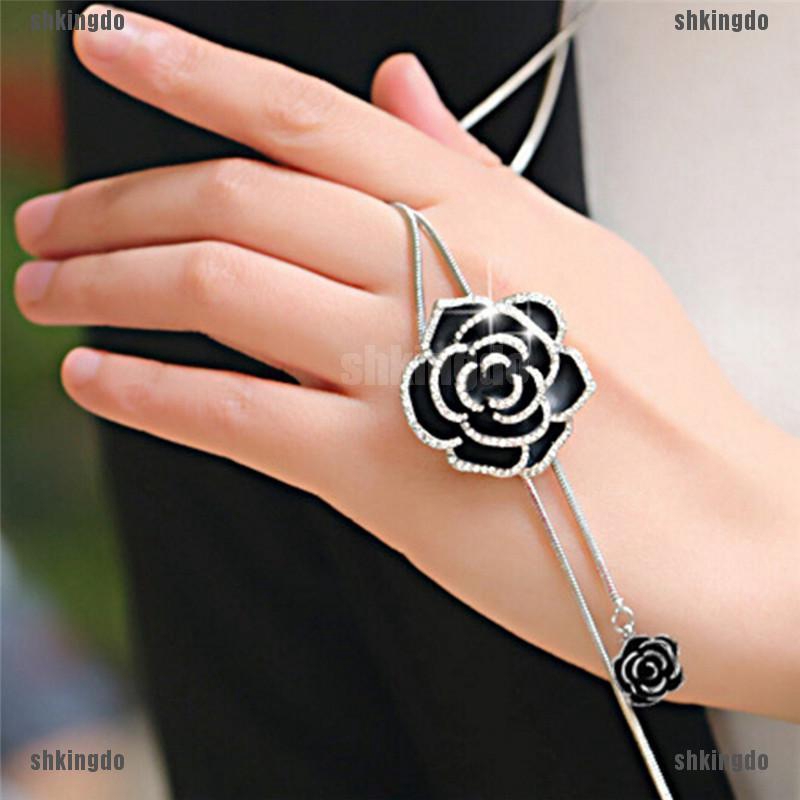 Dây chuyền dài đính hoa hồng đen và pha lê lấp lánh thời trang cho nữ