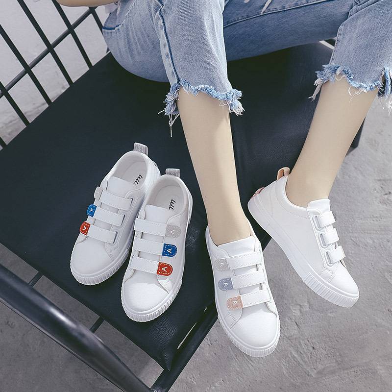 Giày thể thao bằng da đế bằng phối khóa dán thời trang xuân thu cho nữ