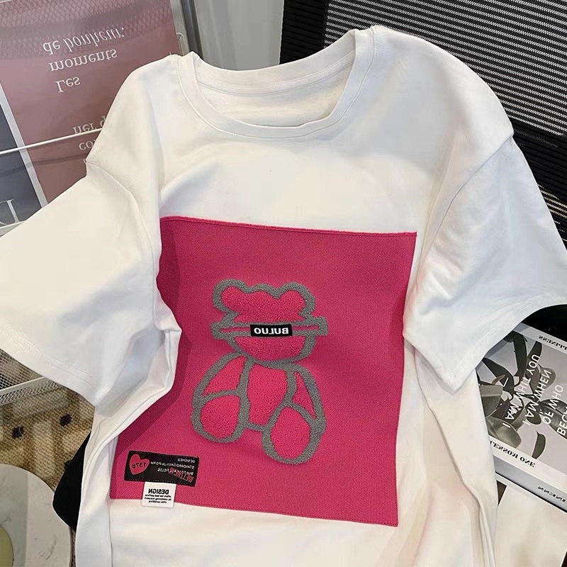 FREESHIP ÁO THUN TRẮNG GẤU HỒNG FORM THỤNG CHUẨN QCCC