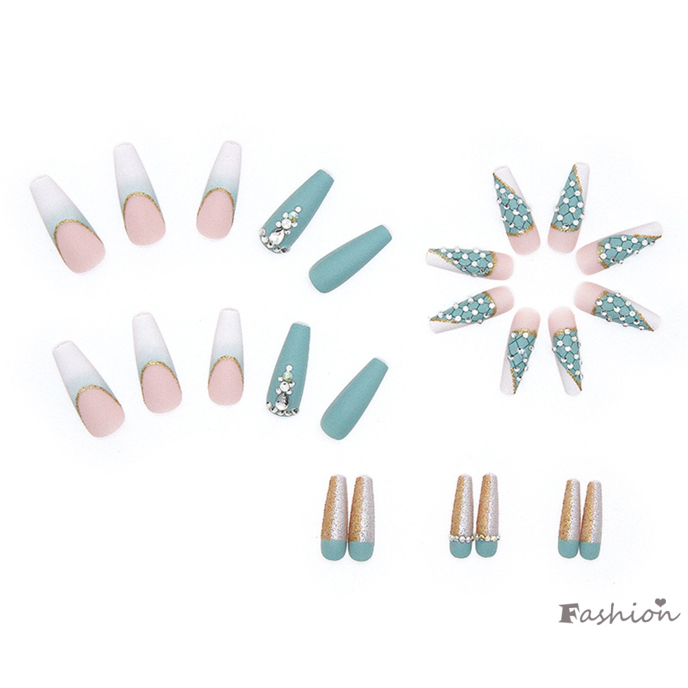 Bộ 24 Móng Tay Giả Trang Trí Nghệ Thuật Màu Xanh Dương Lấp Lánh Không Bị Rơi Dễ Xé