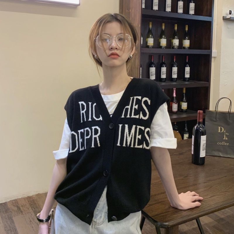 Korean style retro letter fine knit sleeveless breasted loose tank top