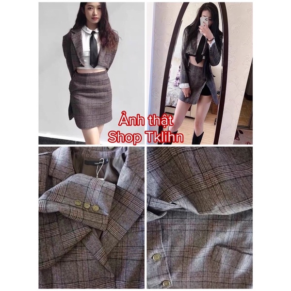 TKLIHN Set váy VEST kẻ Caro ulzzang Áo khoác BLAZER croptop kẻ caro RETRO + chân váy chữ A vạt chéo 2021 | BigBuy360 - bigbuy360.vn