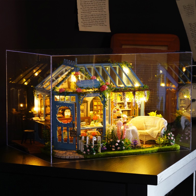 Mô hình nhà búp bê lắp ghép có đèn Led DIY Garden Tea House tặng kèm mica chắn bụi và dụng cụ lắp ráp