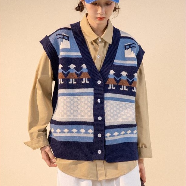 Áo len không tay cổ chữ V thiết kế mới phong cách vintage thời trang cho nữ