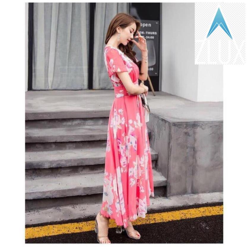 Đầm Maxi Hoa Cao Cấp - Váy Đầm Lụa Kiểu Maxi Tay Ngắn Tiểu Thư Điệu Đà Hàng Nhập Quảng Châu .
