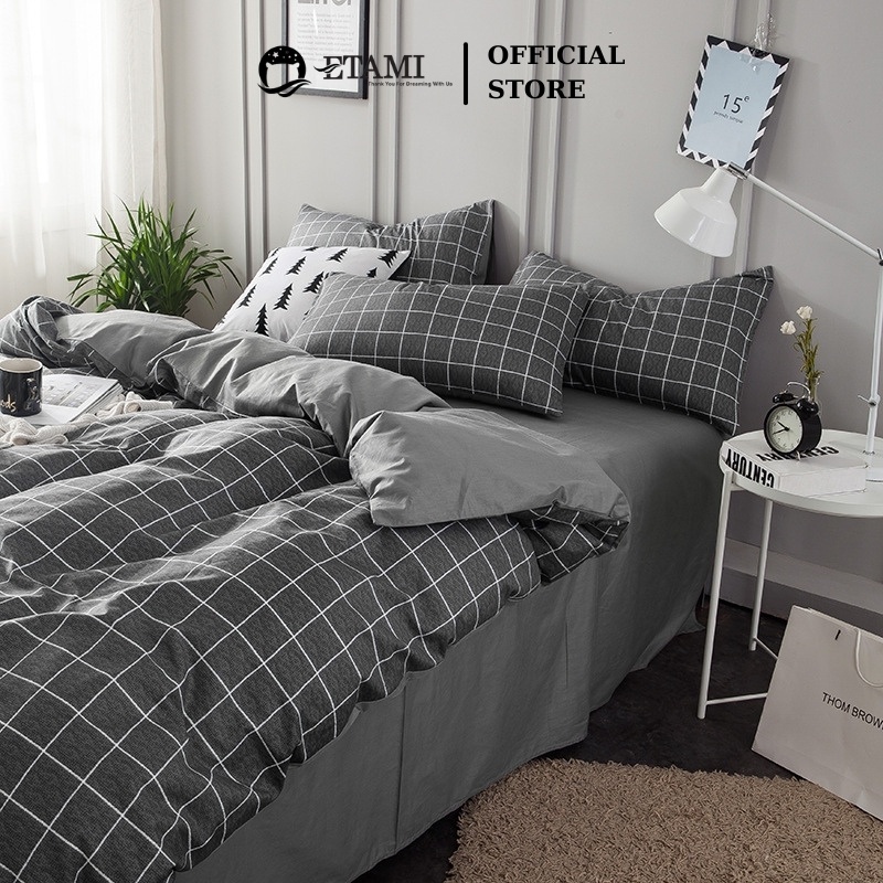 Bộ chăn ga gối cao cấp ETAMI cotton poly kẻ dạ cute miễn phí bo chun drap giường , ga trải giường P17